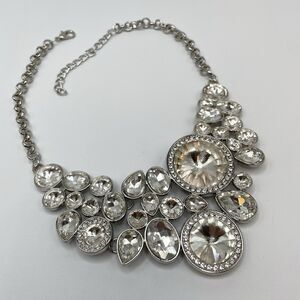 Silver Tone Statement Bold Chunky White Glass Rhinestone Bib Necklace Stunning